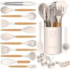 Juego de utensilios de cocina de silicona - Utensilios de cocina de silicona para cocinar madera...