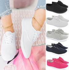 SEÑORAS MUJERES PLIMSOLES ZAPATOS DE SALÓN PLANOS CON CORDONES PLIMSOLLS LONA NIÑAS ZAPATILLAS TALLA