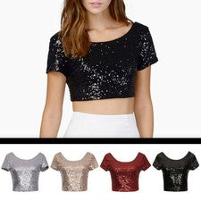 Camiseta Prendas para el torso Top Corto Manga Lentejuelas Fiesta Mujer Blusa Camiseta Corta Moda