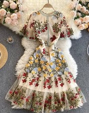 Vestido de verano para pasarela con lentejuelas bordado floral manga acampanada cuello en O m-xxl