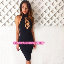 Mujer Sexy Elegante Fiesta Sin Mangas Delgado Bodycon Cuello Alto Entrecruzado Encaje