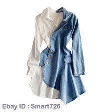 Mujer Irregular Denim Informal Costuras Manga Larga Camisa Vestido Moda Blusa
