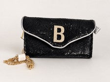 Nuevo Con Etiqueta Bebe Miro Negro Lentejuelas Bandolera Bolso sin asas Cadena Dorada Cartera Eva