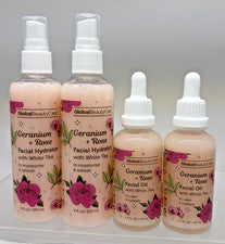 4 piezas Global Beauty = 2 hidratantes faciales + juego de 2 aceites té blanco rosa geranio (B96