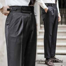 Hombres Retro Rayas Nápoles Pantalón París Hebilla Cintura Alta Pantalón Recto Traje Pantalón