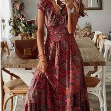 Nuevo con etiquetas Maxi Vestido Campesino Para Mujer Manga Casquillo Cintura Ajustada Estampado Tribal Moda