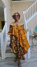 Vestido de verano de mujer africana con un precioso cuello hecho con rafia. Talla 06,08,10,12