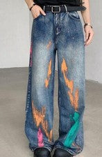 Pantalones de mezclilla Rock para hombre graffiti calce suelto estilo americano pierna ancha punk