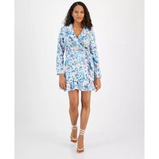 Vestido envolvente Bar III para mujer estampado floral con volantes cintura atada azul talla múltiple PM NUEVO CON ETIQU