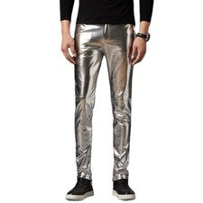 Pantalones de cuero sintético brillantes para hombre Pantalones ajustados elásticos Calce ajustado Moda