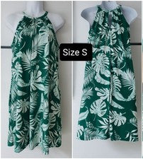 Vestido de verano de moda para mujer verde hawaiano halter hasta la rodilla línea A talla S NUEVO
