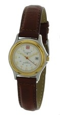 Nuevo Antiguo Stock Damas Coleman Dos Tonos Correa Cuero Marrón Fecha Reloj Analógico