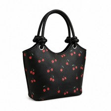 Bolso de Mano para Mujer Negro Patrón Cereza Bolso de Hombro con Asa de Nudo