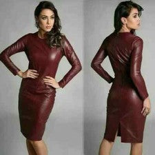 Hecho a mano Informal Para Mujer Genuino Cuero Suave Vestido Bodycon Fiesta Club Vestido
