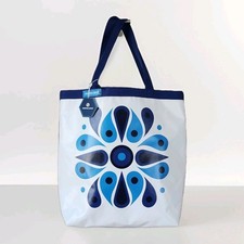 Bolso de Playa Grande Jonathan Adler Talulla Azul Marino Blanco Pluma Medallón Nuevo Difícil de Encontrar