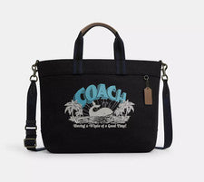 Bolso de Mano Coach Negro Multi Lona y Cuero Liso Gráfico de Ballena 38 (CT899) -NUEVO CON ETIQUETAS