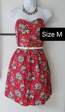 Mujer Moda Verano Corsé Vestido Hasta la Rodilla Rojo Floral Algodón Talla M Nuevo