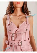 Mini Vestido Para Mujer Piel de Cordero Cuero con Cinturón Rosa Cremallera Fiesta Ropa de Club Conjunto Ajustado