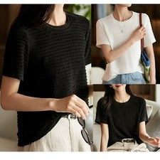 Camiseta de manga corta de poliéster color puro cuello redondo de moda para mujer