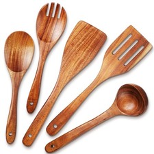 Juego de utensilios de cocina, 5 piezas utensilios de cocina de madera natural, cucharas de madera