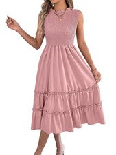 "Mujer Vestido midi con volantes, mangas aleteadas, falda plisada, cuello redondo7348"