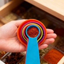 Juego de 5 cucharas medidoras de plástico para organización de cocina y ahorro de espacio
