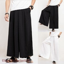 Hombres Pantalones Sueltos Pierna Ancha Cintura Elástica Pantalones Bolsillo Estilo Oriental Lisos