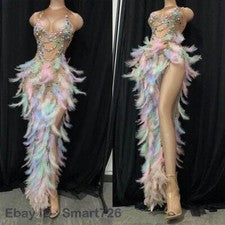 Mujer Moda Brillante Brillante Estampado Pluma Vestido Largo Cruz Baile Discoteca