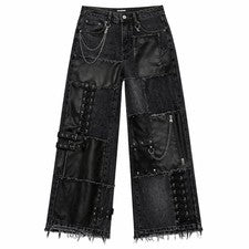 Streetwear Estilo Pantalón Negro Para Hombre Pantalón Gótico Cuero y Denim Jeans Punk