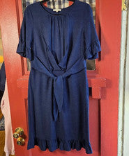 Vestido midi Pleione para mujer azul marino manga corta cremallera lateral cinturón talla S nuevo sin etiquetas