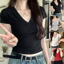 Moda Mujer Verano Cuello en V Manga Corta Camisetas Monocromáticas Tops para Días Cálidos