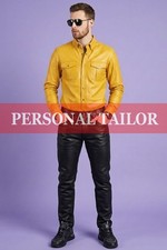 Pantalones de mezclilla de cuero de cordero negro/amarillo para hombre y camisa estilo pecho dos bolsillos