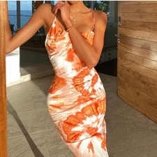 Sexy Vestido Halter Para Mujer Estampado Tie-Dye Espalda Sin Espalda Verano Moda Cuello Pila