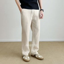 Pantalones largos estilo retro para hombre 100 % lino con cordón pantalones rectos informales primavera