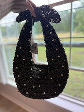 Bolso Hobo Haute Hippie Para Mujer Negro Tejido Paja Perla Arco Nuevo con Etiquetas OS