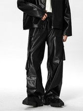 Hombres Estilo Vintage Pantalones Cuero Pantalón Grande Bolsillo Diseño Pierna Ancha Informal Pantalón