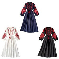Vestido Bohemio Manga Larga Línea A Suelto para Primavera Otoño Floral Bordado