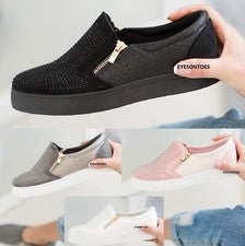 ZAPATOS DEPORTIVOS CON TACHUELAS PLANOS SIN CORDONES DE MODA CON CREMALLERA PARA DAMA TALLA 3-8 NUEVOS