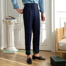 Hombres Mezcla de Lino Estilo Italiano Pantalones Verano Cintura Alta Pantalón Recto Traje Pantalón
