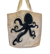 Bolso de Mano Strand Pulpo Calamar Playa Océano Lino Arpillera Forrado Vacay 16" x 18 x 10
