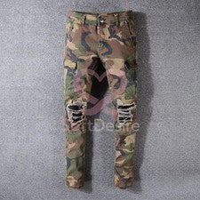 Pantalones de mezclilla rasgados de camuflaje ajustados para hombre estilo militar elásticos deshilachados con parche de