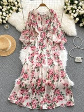 Primavera Verano Pasarela Rosa Flor Vestido Para Mujer Precioso Talla XL ¡OFERTA!