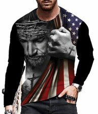 Camiseta Manga Larga Hombre Cruz Cristiana Bandera Americana Moda Camiseta Negro