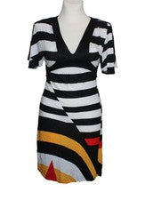 VESTIDO SEÑORA VESTIDO CASUAL NEGRO BLANCO AMARILLO RAYAS TATHAGATA talla S 36 NUEVO