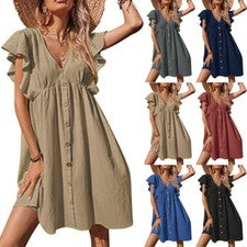 Nuevo Vestido Para Mujer Verano Largo Medio Informal Plisado Cuello en V Botón Moda Vestido