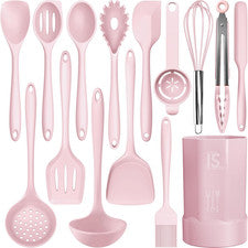 Juego de utensilios de cocina de silicona - 446 ° F resistente al calor apto para lavavajillas sin BPA rosa