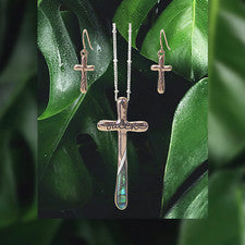 Juego de Collar Colgante Cruz Abulón | Color Oro Rosa | Joyería Cristiana Regalo