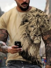 Camiseta Hombre Cabeza de León Beige Amarillo claro Manga corta Gráfico Moda Tee