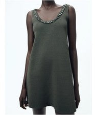 Mini Vestido Zara Cuentas Cuello Redondo Tejido Sin Mangas Verde Oscuro S