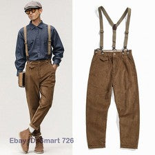 Pantalones rectos de pana estilo británico para hombre Pantalones con tirantes Pantalones de trabajo retro